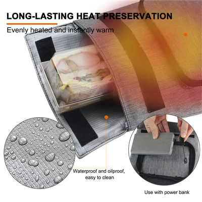 Multi-Mahlzeiten-kompatible elektrische Lunchbox-Heiztasche, wasserdichte USB-Lebensmittelwärmer für verschiedene Lebensmittelarten, 3-stufige Temperaturregelung von 50-59℃, waschbar, abnehmbar, auslaufsicher zum Aufladen für Outdoor-Ausflüge