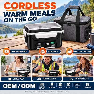 Smart Heated Lunch Box, Graphene Broad-Area Heating with Scheduled and Immediate Heat, Rechargeable Cordless Design with Removable Stainless Steel Tray, Custom Color Logo and Packaging