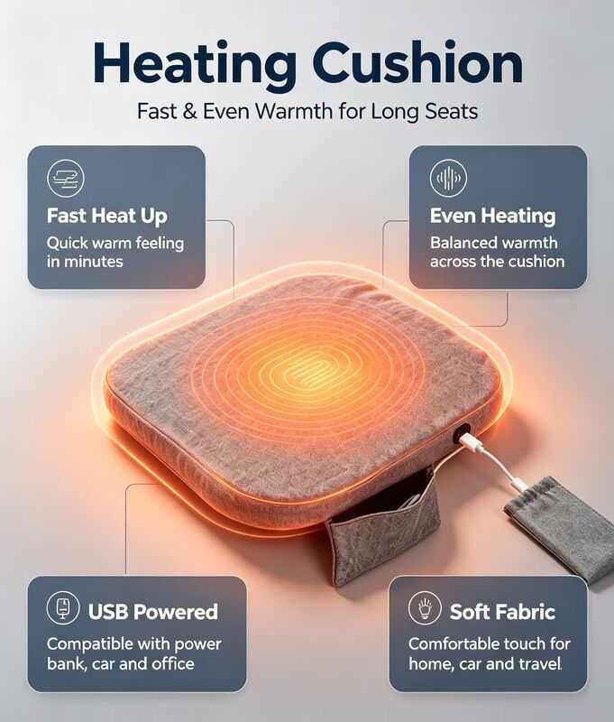 Portable USB Graphene Heated Seat Cushion Soft Linen‑Cotton Heating Chair Pad 3‑Speed Temperature Adjustment Warm Cushion Multi‑Color Available for Home Office Travel Car Use