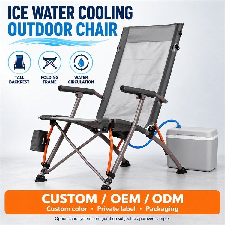 Ice Water Cooling Outdoor Folding Chair, External Ice Water Box with Cooling Circulation Channel, Tall Backrest Folding Frame with Snowflake Control, Custom Color Private Label and Packaging