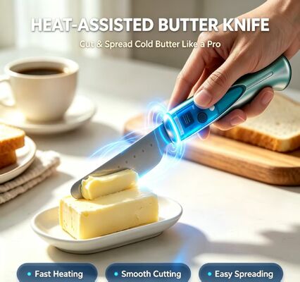 Berührungssensing Intelligentes Butterheizmesser, Edelstahllegierung Wasserdichtes elektrisches Butterschneider, USB Wiederaufladbare 1020mAh Batterie 3,7V Küchenbutter Weichmach- und Schneidwerkzeug