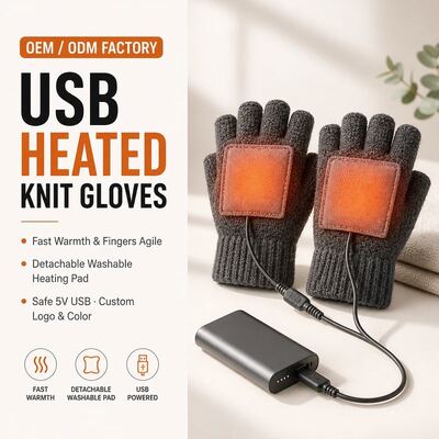 USB-beheizbare Strickhandschuhe, 5V fingerlose Winterhandschuhe mit abnehmbarem Klettverschluss-Heizkissen, 40-50°C konstante Wärme, Überhitzungsschutz, CE FCC RoHS, kundenspezifische Farbe, Logo und Verpackung